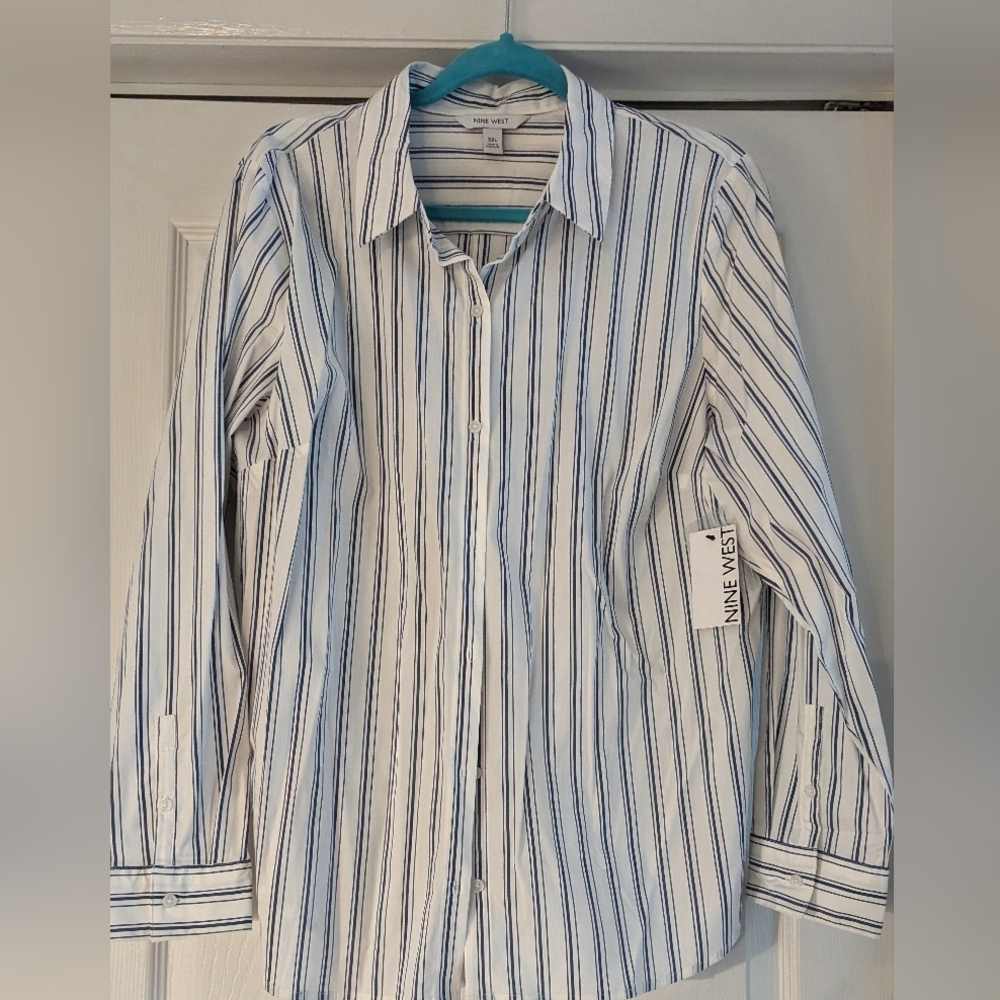 Nine West White Shirt with Blue and Black Stripes